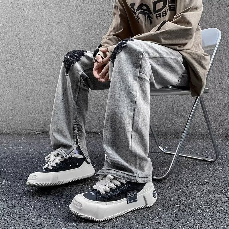 Men Jeans Gray Broken Hole Jeans Public Zipper Split Bootcut Trousers