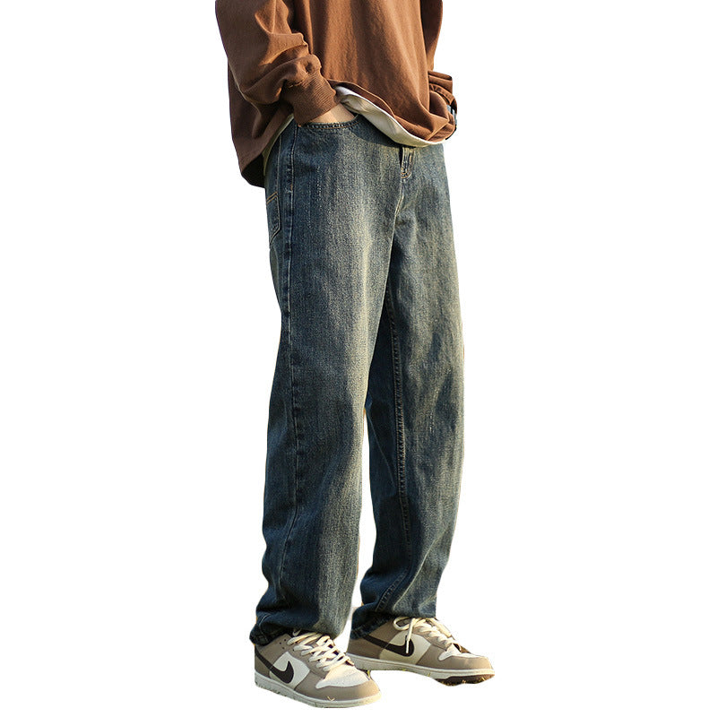 Men Jeans Vintage Blue Casual Jeans Washed Distressed Straight-Leg Pants