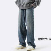 Men Jeans Loose Straight Casual Trousers Ancient Washed Distressed Wide-Leg Pants