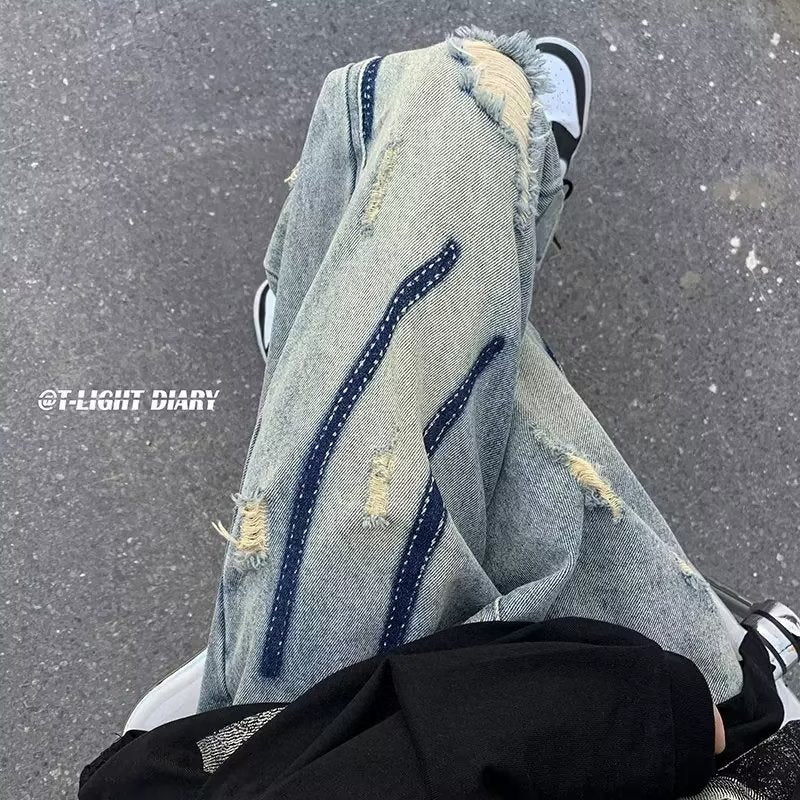 Men Jeans Ripped Jeans Summer Washed Distressed Wide-Leg Straight Pants