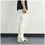 Men Jeans Zipper Slit Slightly Flared Casual Pants Loose Cargo Pants