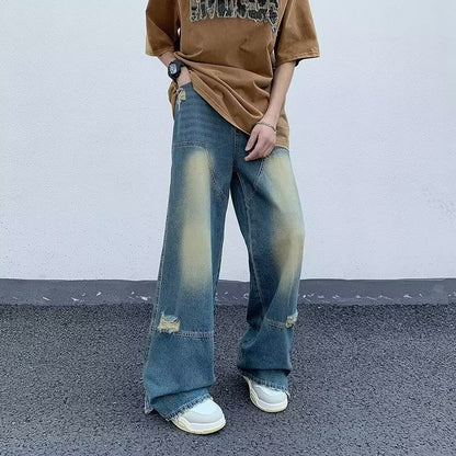Men Jeans Washed Make Old Ripped Jeans Summer Baggy Straight Trousers