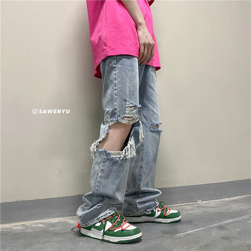 Men Jeans Ripped Jeans Washed Loose Wide Leg