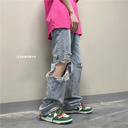 Men Jeans Ripped Jeans Washed Loose Wide Leg