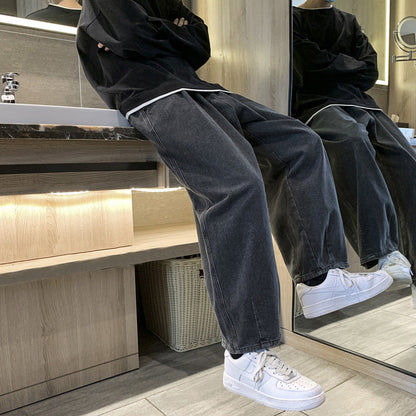 Men Jeans Loose Straight Wide-Leg Pants Spring and Autumn Black Casual Trousers
