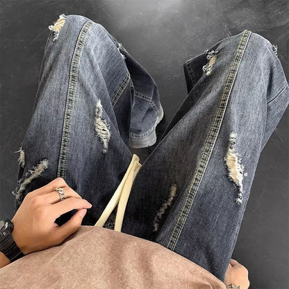 Men Jeans Summer Water Washed Hole Loose Straight Casual Trousers