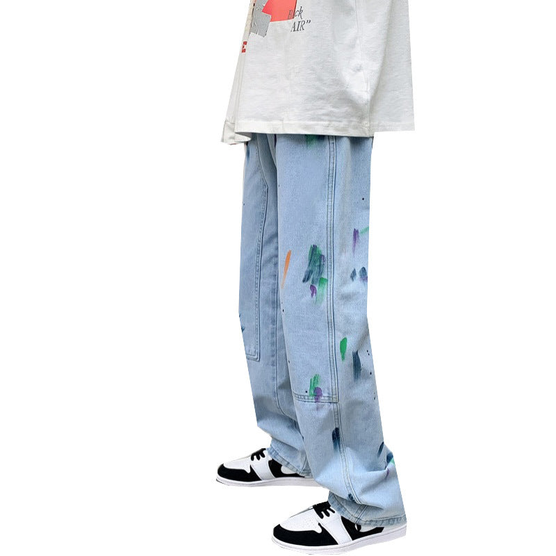 Men Jeans Splash-Ink Jeans Men's Autumn Baggy Straight Trousers Casual Trousers