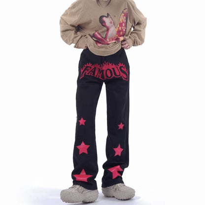 Men Jeans XINGX Paste Cloth Embroidery Jeans Retro Hip Hop Straight Loose Trousers