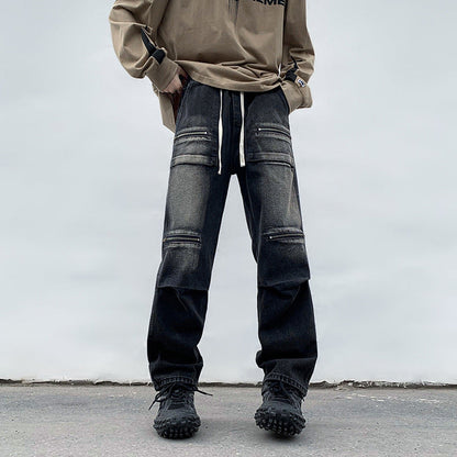 Men Jeans Cargo Jeans Spring and Autumn Zipper Wide Leg Trousers