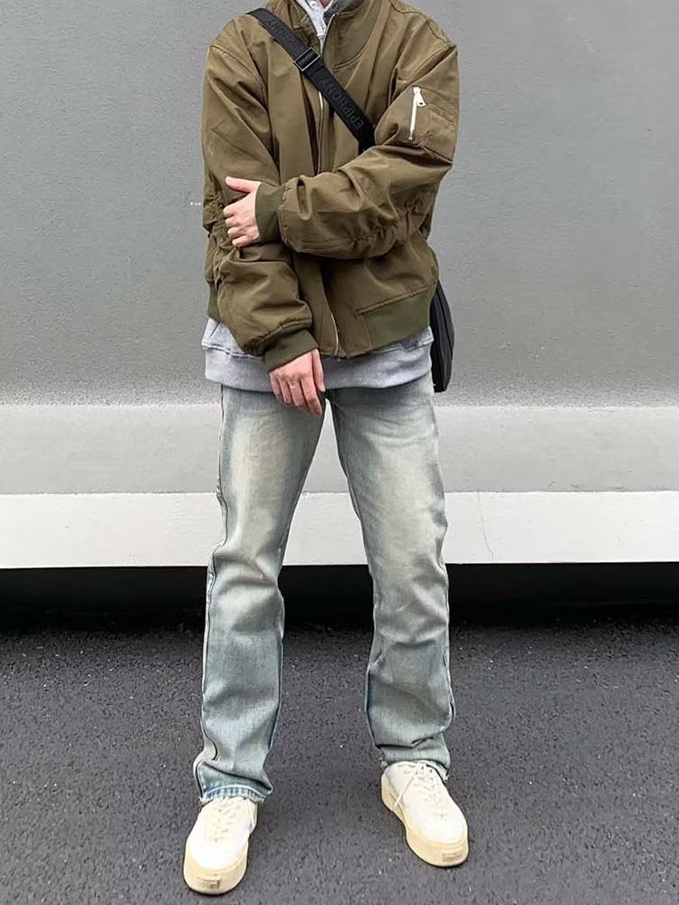 Men Jeans Vintage Slim Jeans Men Zipper Slit Loose Straight-Leg Pants