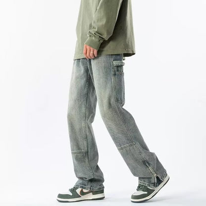 Men Jeans Zipper Split Jeans Spring Vintage Baggy Straight Trousers