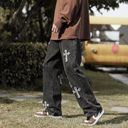 Men Jeans Cross Labeling Vintage Jeans Autumn Leisure Straight-Leg Pants