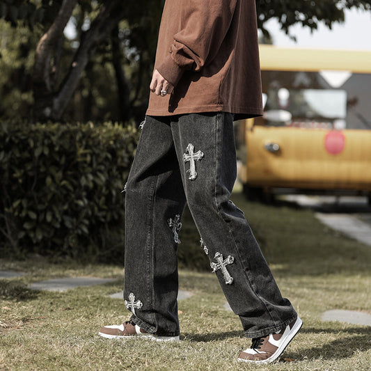 Men Jeans Cross Labeling Vintage Jeans Autumn Leisure Straight-Leg Pants