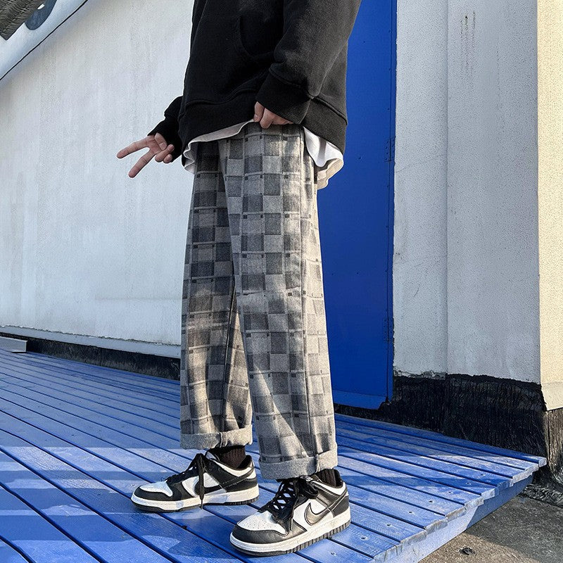 Men Jeans Chessboard Plaid Jeans Baggy Straight Trousers Wide Leg Pants