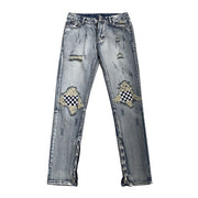 Men Jeans Summer Water Washed Hole Jeans Patch Plaid Pants