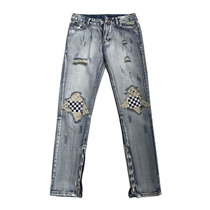 Men Jeans Summer Water Washed Hole Jeans Patch Plaid Pants