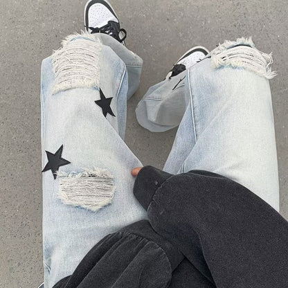 Men Jeans Five-Pointed Star Ripped Jeans Men's Spring Loose Straight Wide-Leg Pants