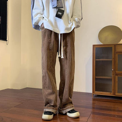 Men Jeans Washed-out Vintage Jeans Autumn Hiphop Loose-Fitting Wide-Leg Trousers