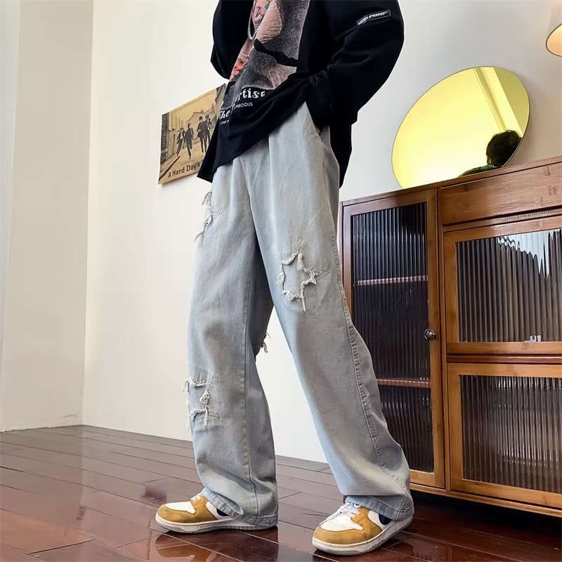 Men Jeans Ripped Jeans Men Retro Washed Straight Loose Oversize Wide Leg Pants