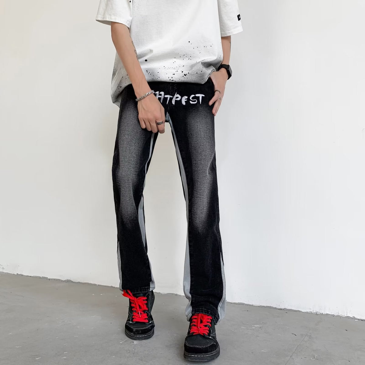 Men Jeans Water-Washing Embroidery Jeans Bootcut Trousers