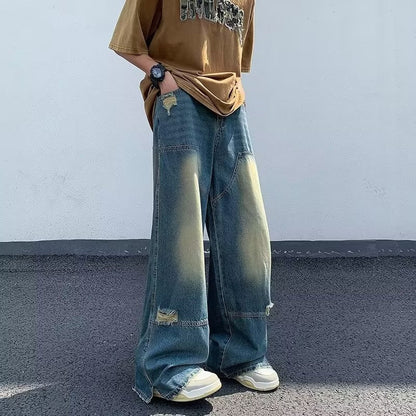 Men Jeans Washed Make Old Ripped Jeans Summer Baggy Straight Trousers