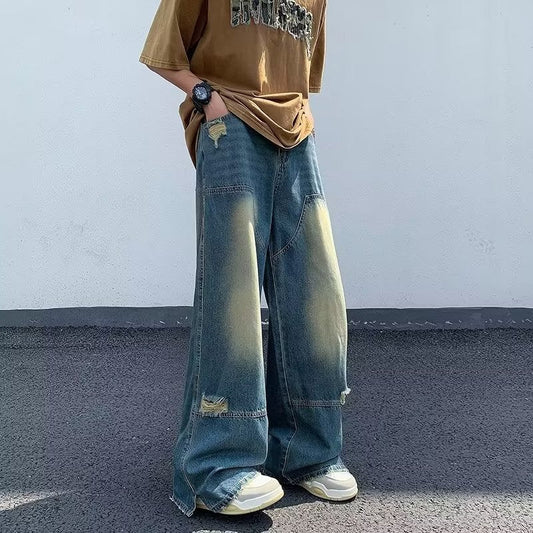 Men Jeans Washed Make Old Ripped Jeans Summer Baggy Straight Trousers