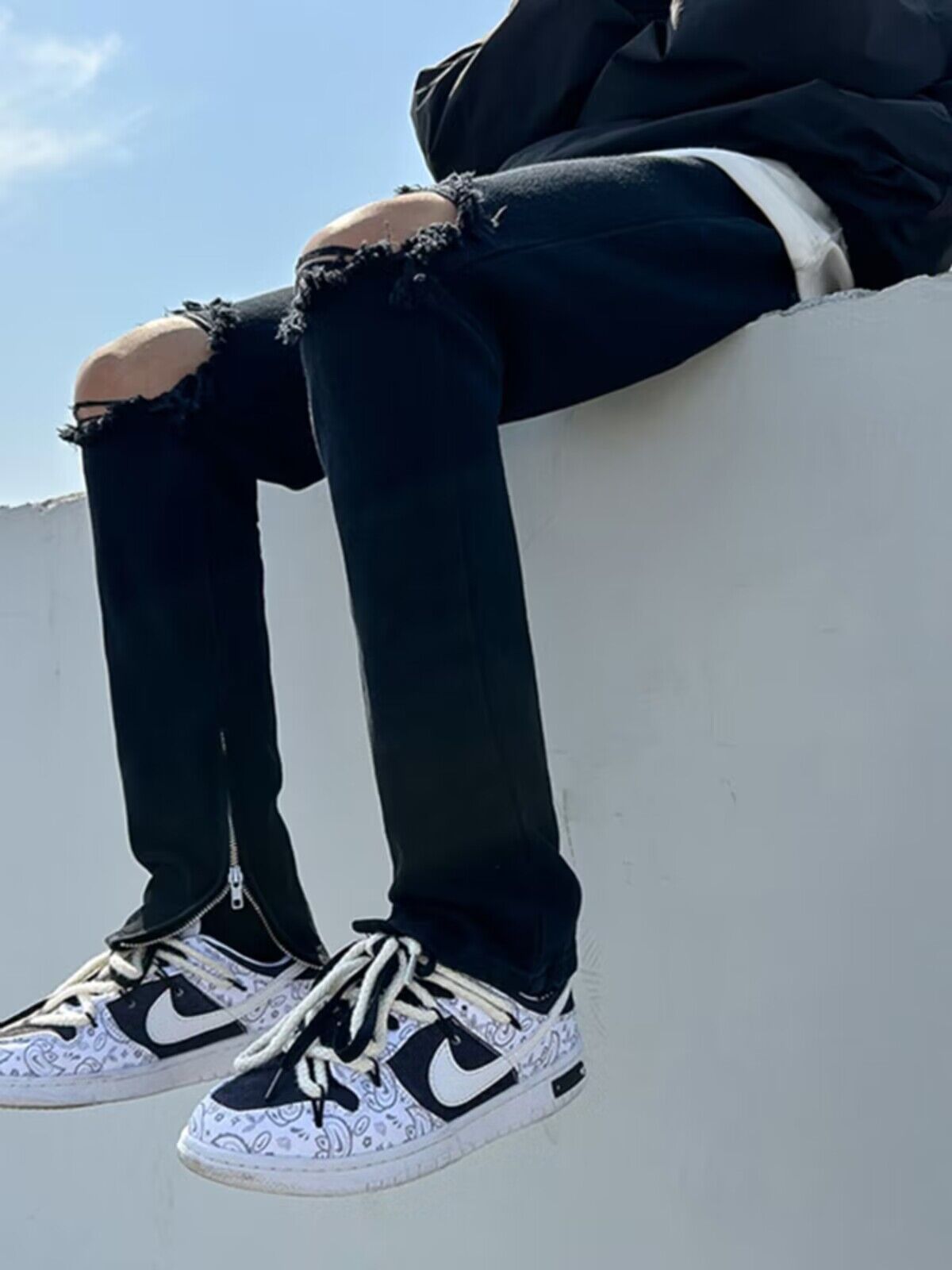 Men Jeans Black Ripped Zipper Jeans Summer Straight-Leg Trousers