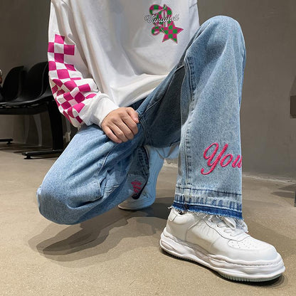 Men Jeans Vintage Jeans Men Autumn Embroidery Pants Baggy Straight Trousers