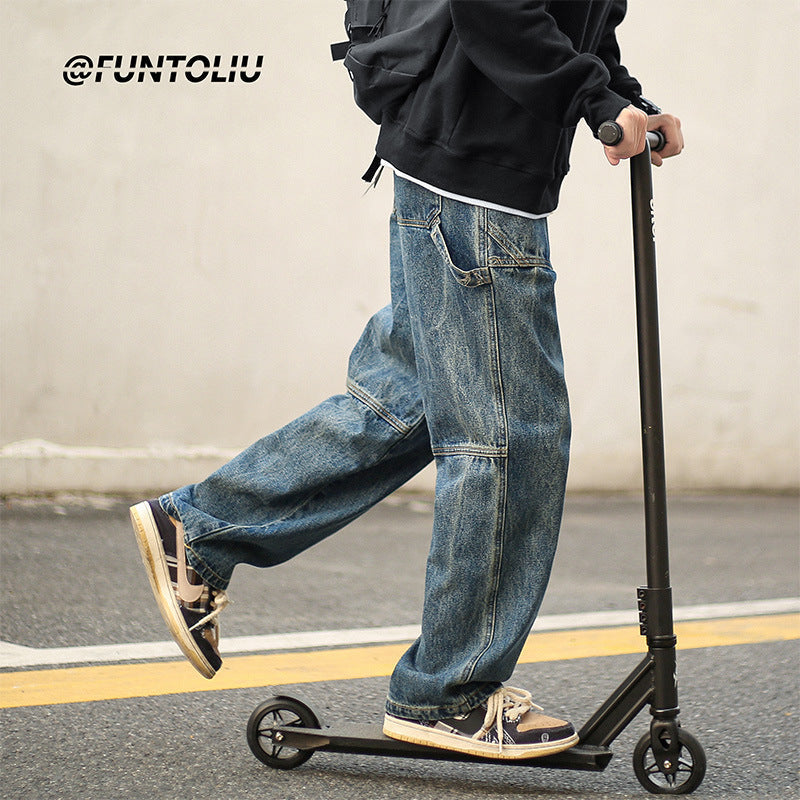 Men Jeans Cargo Jeans Male Autumn and Winter Loose Straight-Leg Trousers
