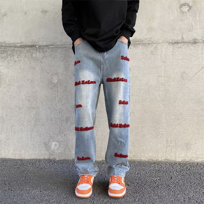 Men Jeans Embroidered Letters Straight-Leg Pants Vintage Jeans