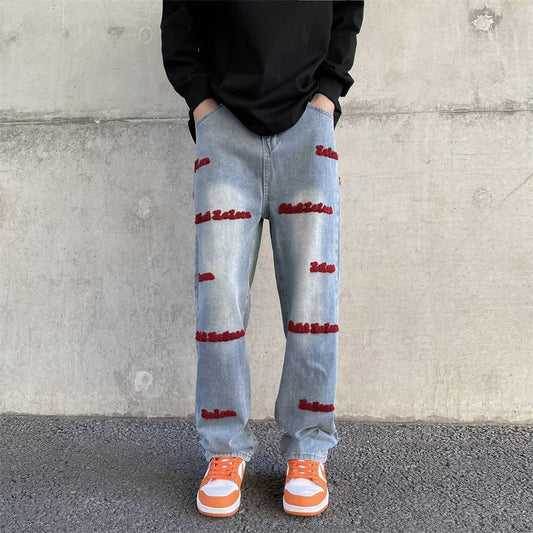 Men Jeans Embroidered Letters Straight-Leg Pants Vintage Jeans
