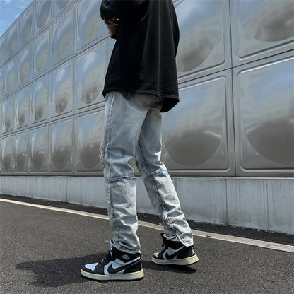 Men Jeans Loose Hole Straight Tide Trousers