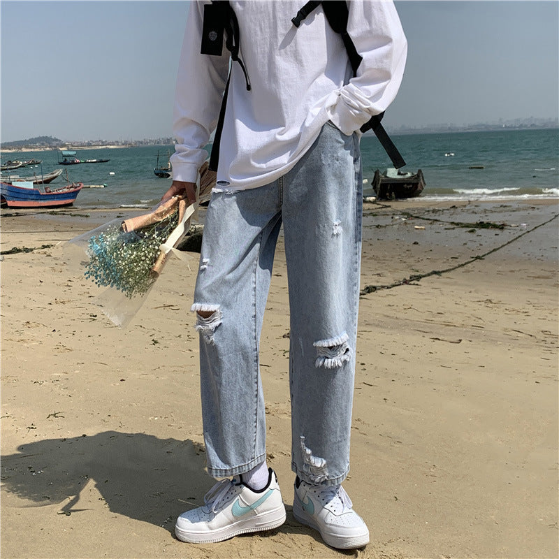 Men Jeans Ripped Jeans Men's Summer Vintage Straight Loose Wide Leg Pants