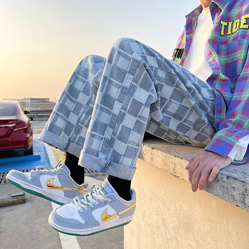 Men Jeans Chessboard Plaid Jeans Baggy Straight Trousers Wide Leg Pants