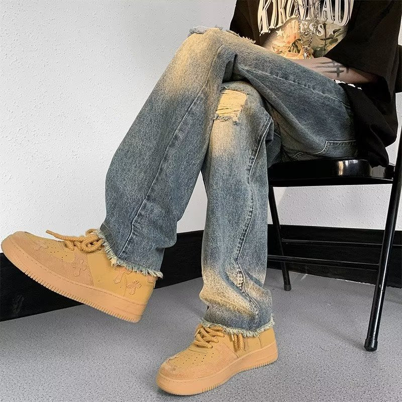 Men Jeans Washed Make Old Ripped Jeans Men's Summer Straight-Leg Trousers