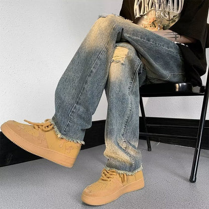 Men Jeans Washed Make Old Ripped Jeans Men's Summer Straight-Leg Trousers