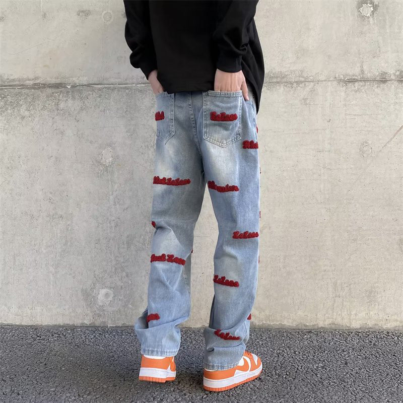Men Jeans Embroidered Letters Straight-Leg Pants Vintage Jeans