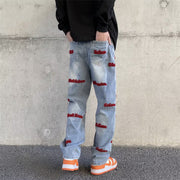 Men Jeans Embroidered Letters Straight-Leg Pants Vintage Jeans