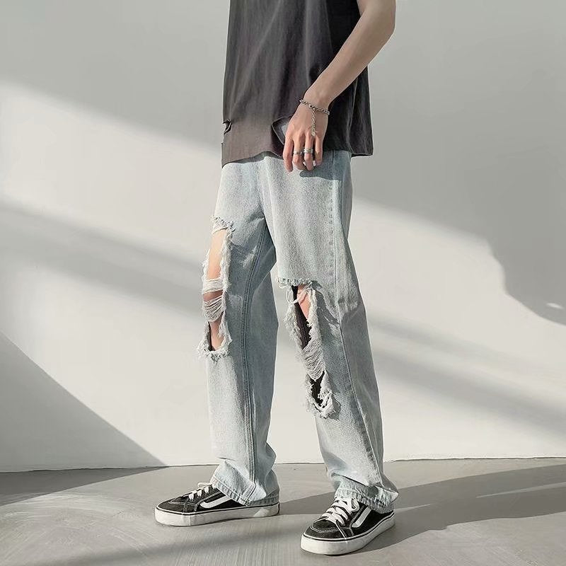 Men Jeans Ripped Jeans Men's Summer Wide-Leg Casual Pants Straight Loose Pants
