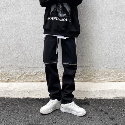 Men Jeans Vintage Black Knee Ripped Zipper Jeans
