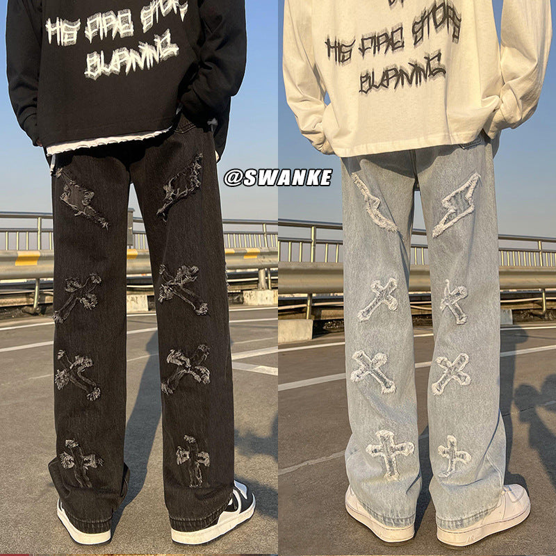 Men Jeans Spring Straight-Leg Pants Hip Hop Wide Leg Trousers