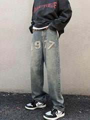 Men Jeans Vintage 1977 Embroidered Jeans Men Slim-Fitting Straight Pants