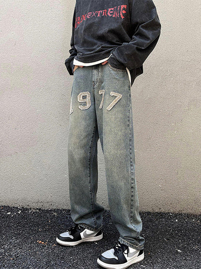 Men Jeans Vintage 1977 Embroidered Jeans Men Slim-Fitting Straight Pants