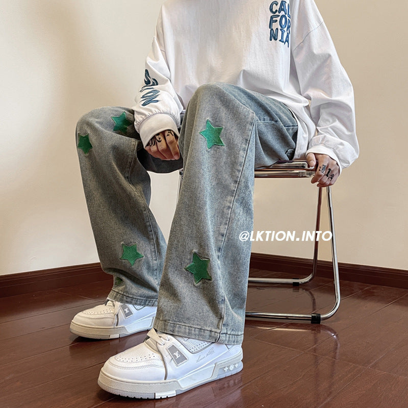 Men Jeans Embroidered Jeans Men's Autumn Oversize Straight-Leg Pants