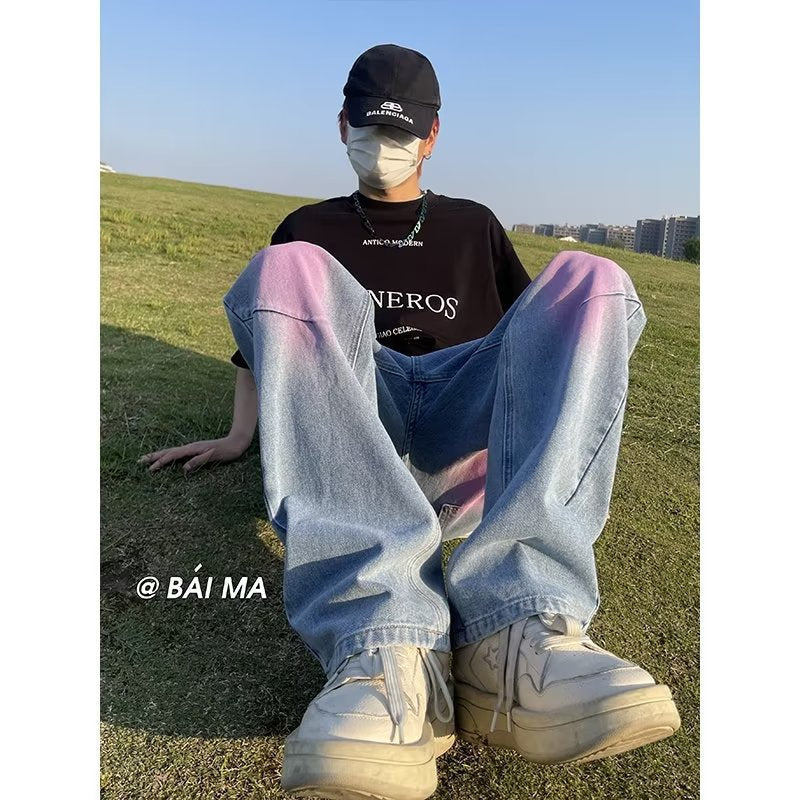 Men Jeans Summer Retro Washed Distressed Loose Straight Casual Trousers