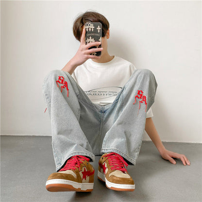 Men Jeans Embroidered Jeans Men's Spring Wide Leg Pants Spring and Autumn Straight-Leg Pants