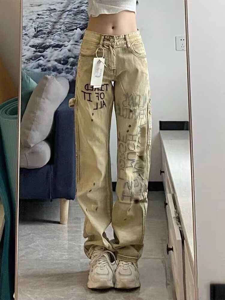 Men Jeans Khaki Splash-Ink Embroidered Jeans Straight-Leg Pants