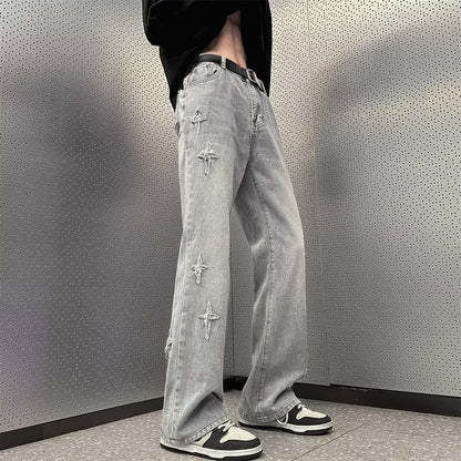Men Jeans Straight Oversize Summer Slightly Flared Wide Leg Pants