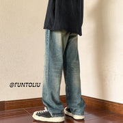 Men Jeans Vintage Jeans Autumn Distressed Washable Pants Loose Straight Wide Leg Pants