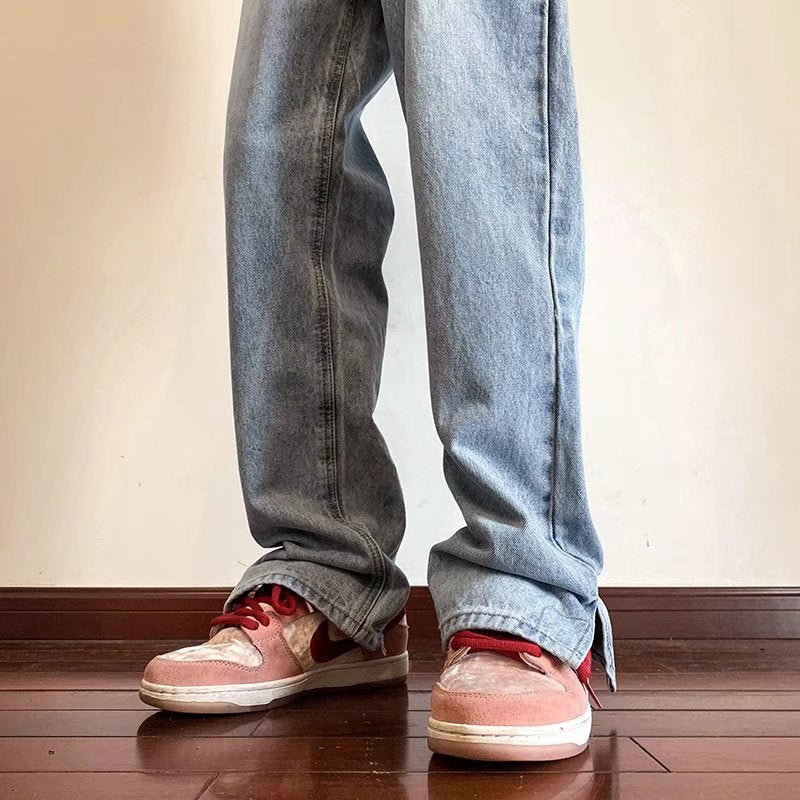 Men Jeans Retro Slit Casual Trousers Baggy Straight Trousers